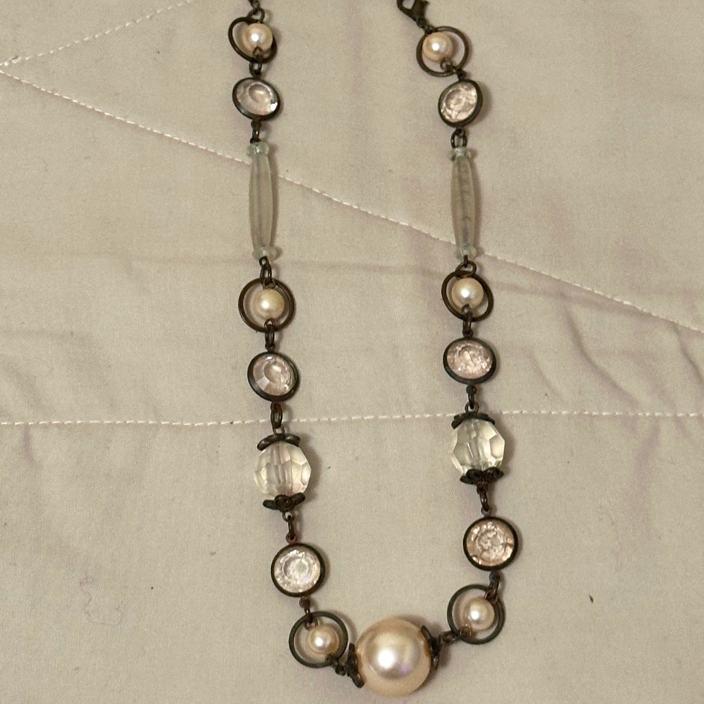 Faux Pearl & Clear Bead Several Sizes Necklace W/Dark Brown Chain Vintage
